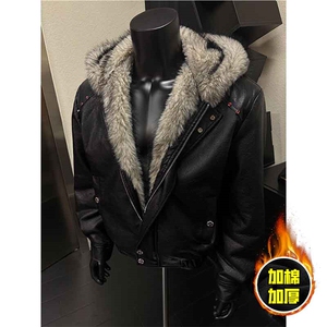 现货冬季美式潮牌痞帅PU皮机车服棉衣毛毛绒狼王座山雕皮棉服,羊皮狐狸毛皮草穿搭图片