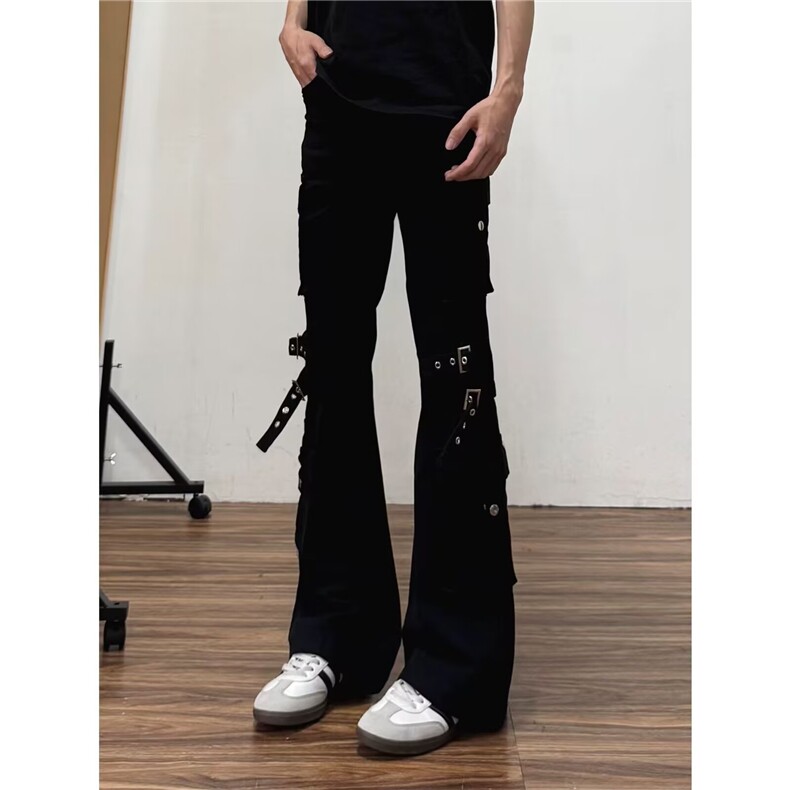 黑色vibe绑带工装牛仔裤男cleanfit高街修身微喇裤子L83599-P60,男装牛仔裤,星座1008