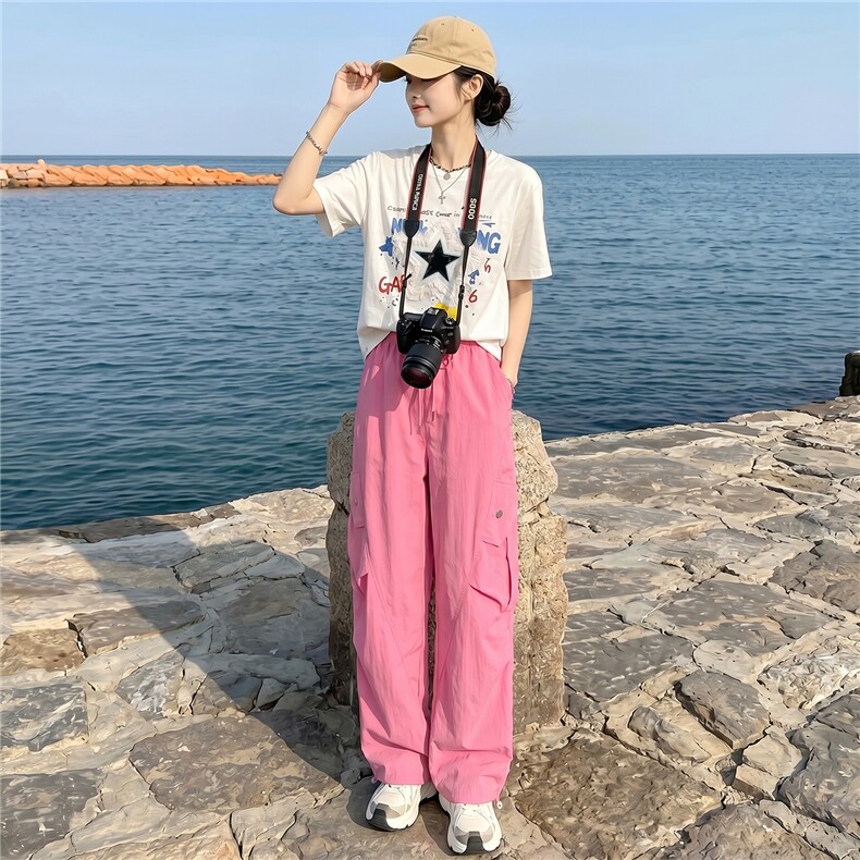 韩版休闲时尚套装女夏款个性简约圆领星星印花上衣工装长裤两件套,女装套装/套裙,江南
