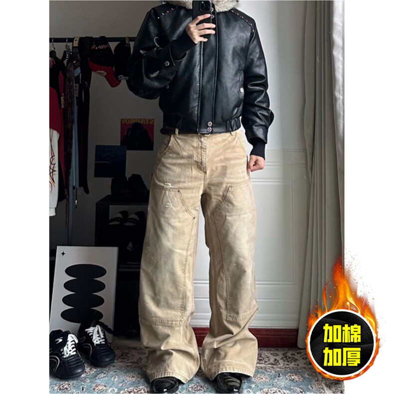 现货冬季美式潮牌痞帅PU皮机车服棉衣毛毛绒狼王座山雕皮棉服,男装棉衣,电商A486-1