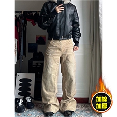 现货冬季美式潮牌痞帅PU皮机车服棉衣毛毛绒狼王座山雕皮棉服，男装棉衣，电商A486-1