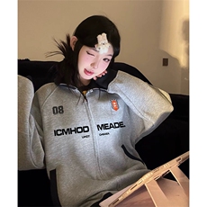 抖音得物美式高街重磅结构设计拼接织带立领印花卫衣外套ACM4201，女装短外套，电商A443