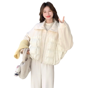 米白色设计感拼接羽绒服女2025冬季新款韩系洋气保暖90白鸭绒外套图片