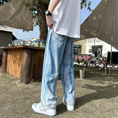 牛仔裤男宽松拖地裤子潮牌ins高街老爹裤扎染直筒阔腿裤N1308-p45，男装牛仔裤，星座1008