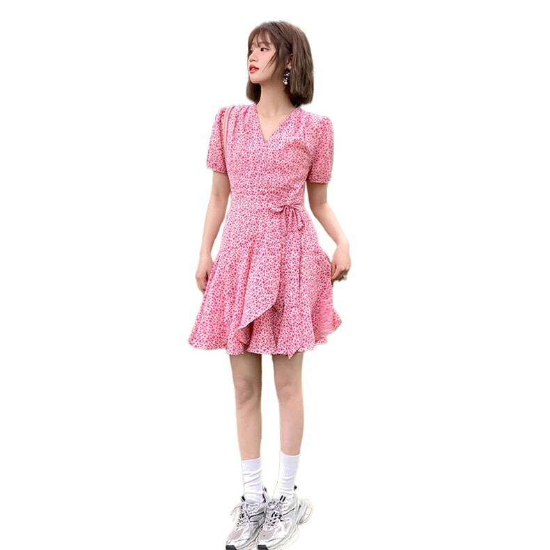 时尚甜美粉色碎花连衣裙修身显瘦V领短袖裙装夏季新款女装支持退换货,女装连衣裙,灵力轩