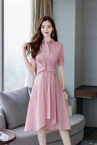 2024年夏季女装新款短袖POLO领中腰大摆型中长款纯色气质连衣裙图片