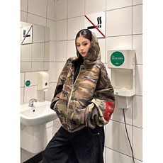 大码胖mm美式高街迷彩开衫连帽卫衣外套女秋季oversize拉链上衣，女装短外套，星座218-8