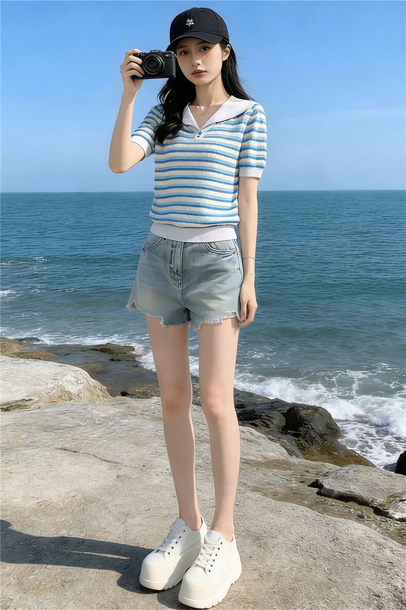 时尚简约套装女夏季新款洋气减龄蓝色翻领条纹上衣牛仔短裤两件套,女装套装/套裙,江南