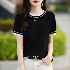 丝光棉针织短袖T恤衫女2025夏薄正肩别致撞色洋气针织t恤上，女装T恤，思牵羊绒
