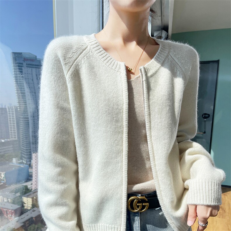 女士秋季新款时尚简约百搭宽松短款拉链羊毛开衫,女装羊毛衫,悦玛羊绒