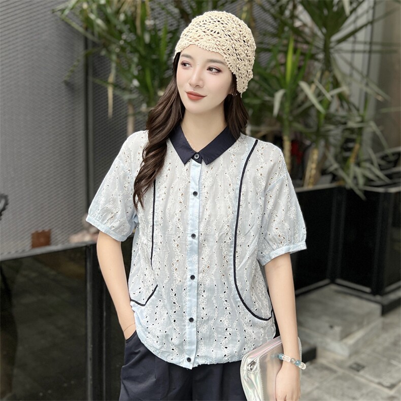现货2025夏季新款时尚宽松休闲镂空撞色短袖,女装衬衫,深水步