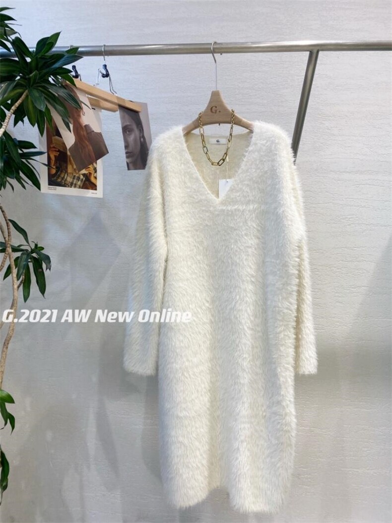 V领防水貂毛长款连衣裙现货，女装连衣裙，G