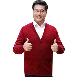 2024秋冬新款中老年男款V领纽扣纯色经典开衫图片