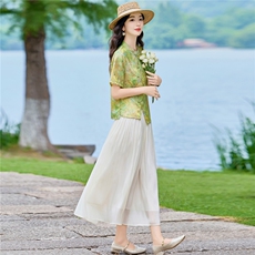 现货2026年夏季新款中式时尚两件套装女小衬衫T恤加纱幕半身裙女，女装套装/套裙，璐依舞