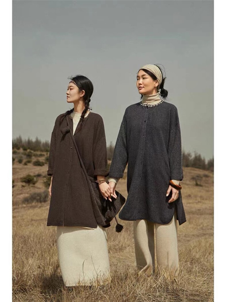 纯山羊绒复古夹花中长款连衣裙宽松显瘦针织外套,女装短外套,五色羊羊绒
