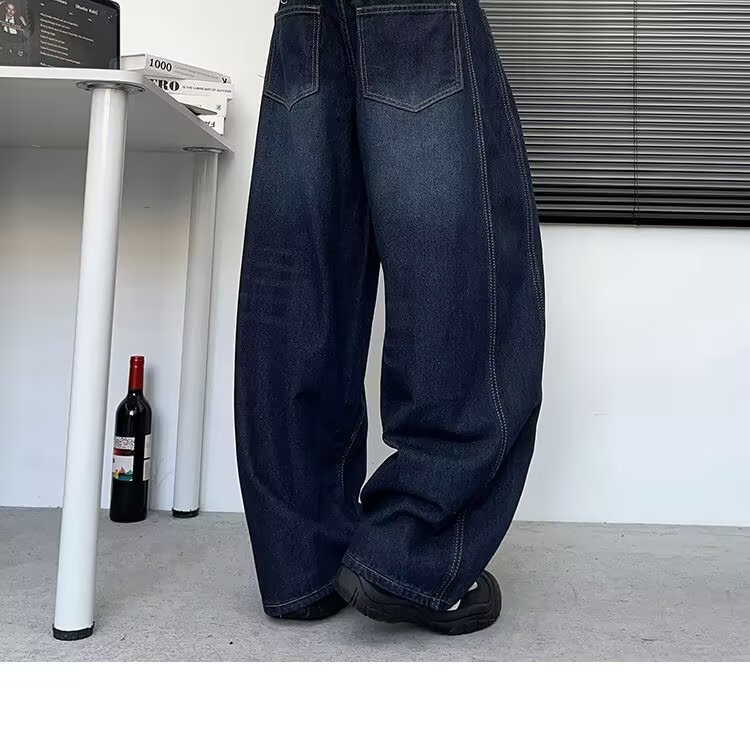 美式复古字母刺绣弯刀牛仔裤男女款夏季宽松休闲潮牌解构阔腿长裤,男装牛仔裤,星座506A