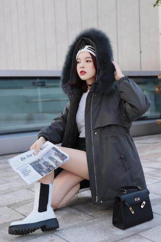 2021早冬上新大狐狸毛领盘扣设计中长款派克服，女装，红雀纺