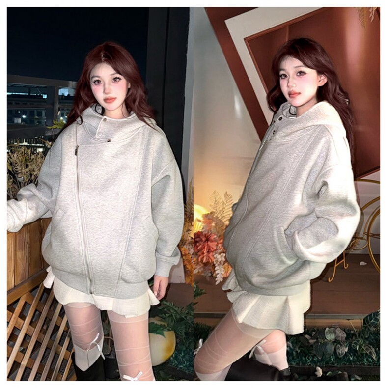 网图重磅380克全棉宽松设计感拉链套头连帽卫衣外套AH912-P58，女装短外套，四季星座610B