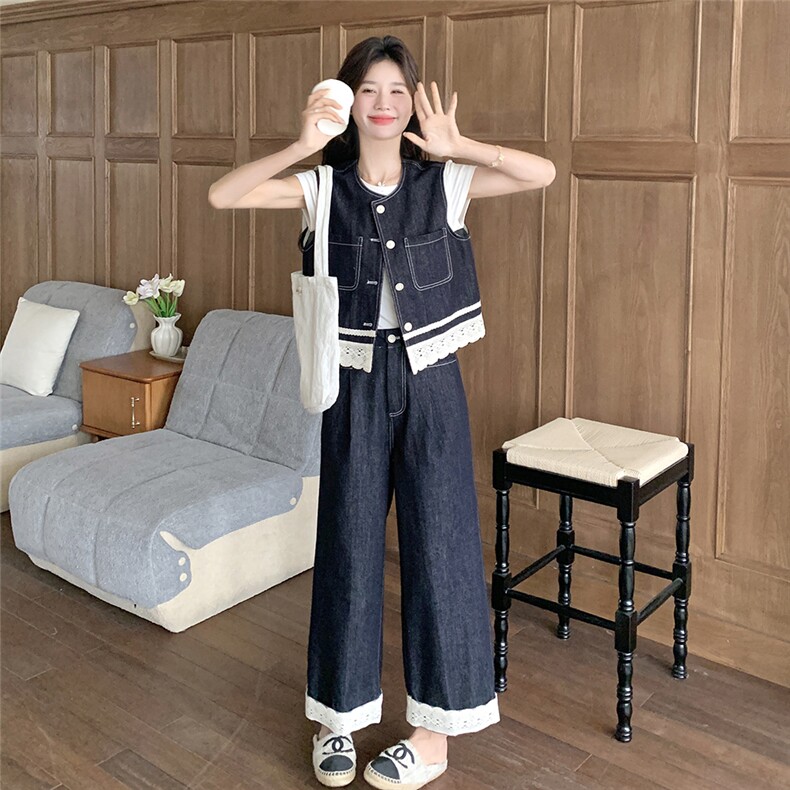 蕾丝拼接牛仔套装女2025夏季新款ootd穿搭设计感马甲阔腿裤两件套,女装套装/套裙,2C012