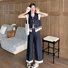 蕾丝拼接牛仔套装女2025夏季新款ootd穿搭设计感马甲阔腿裤两件套，女装套装/套裙，2C012