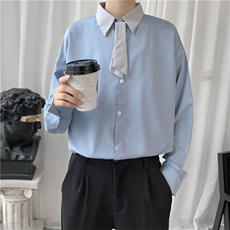 ins风韩版衬衣秋日系复古纯色翻领小领带长袖衬衫男女W1609-P35，男装衬衫，星座512-4
