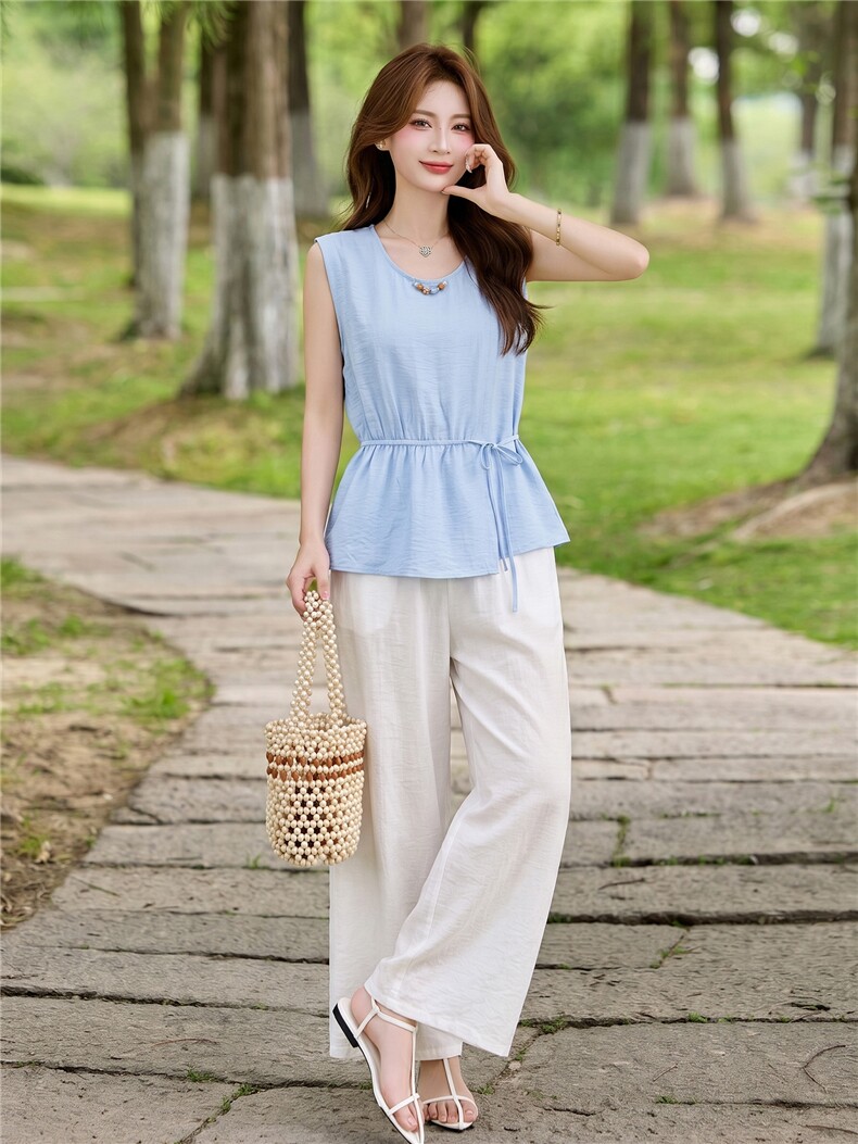 现货主推夏装女新款老钱风休闲减龄法式气质凉爽棉麻阔腿裤两件套,女装套装/套裙,韩美纤衣