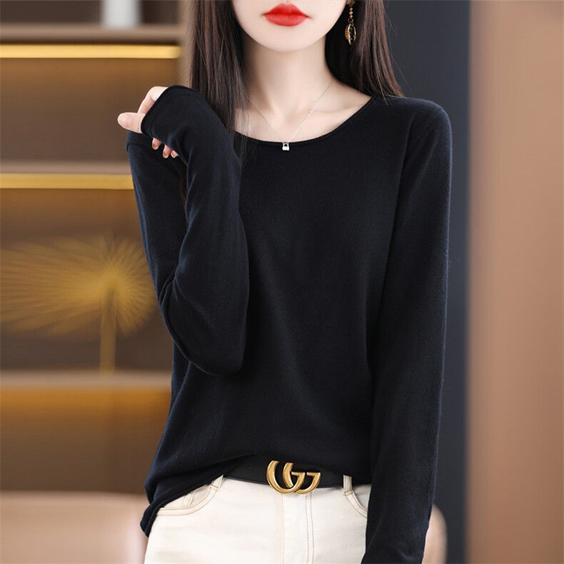 秋冬季10%羊绒90%羊毛休闲时尚百搭精纺50支圆领羊绒衫,女装羊绒衫,朝思羊绒