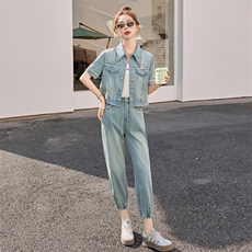夏季时尚牛仔套装女2025年新款休闲穿搭欧货时髦洋气九分裤两件套，女装套装/套裙，意芙