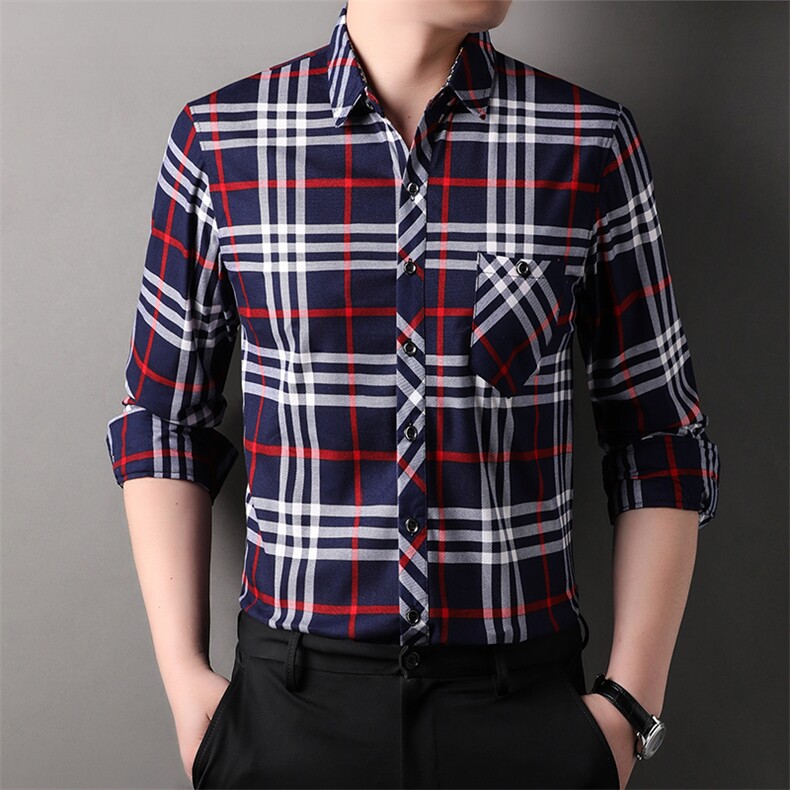 春秋季时尚休闲百搭条纹格子中老年长袖衬衫内含同款加绒9025-P19，男装衬衫，星座1706