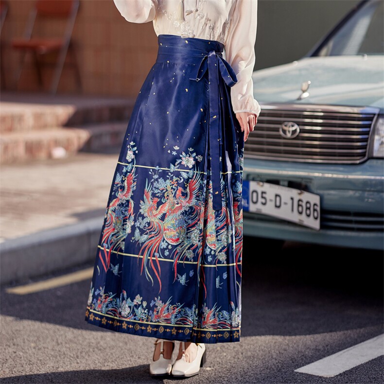 新中式改良马面裙女2024春高腰显瘦中国风印花百褶汉服半身裙，女装半身裙，采品优优