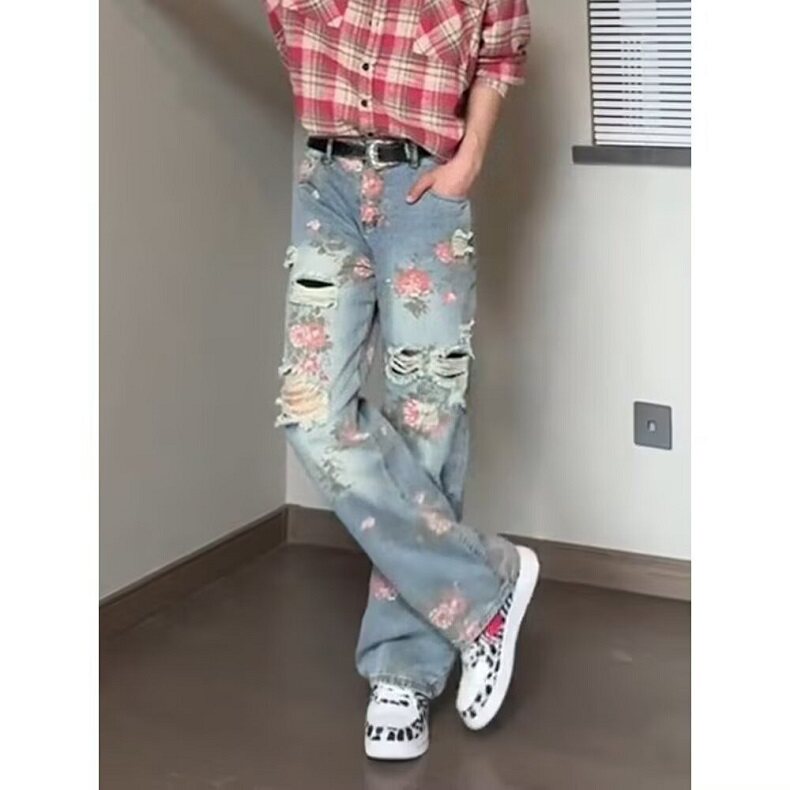 满印玫瑰花朵牛仔裤男款春季裤子慵懒风松弛感阔腿微喇裤 NL6620图片