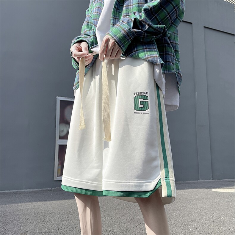 假两件短裤男夏季薄款条纹拼接美式篮球五分裤大码宽松休闲运动裤，男装牛仔裤，星座703-1