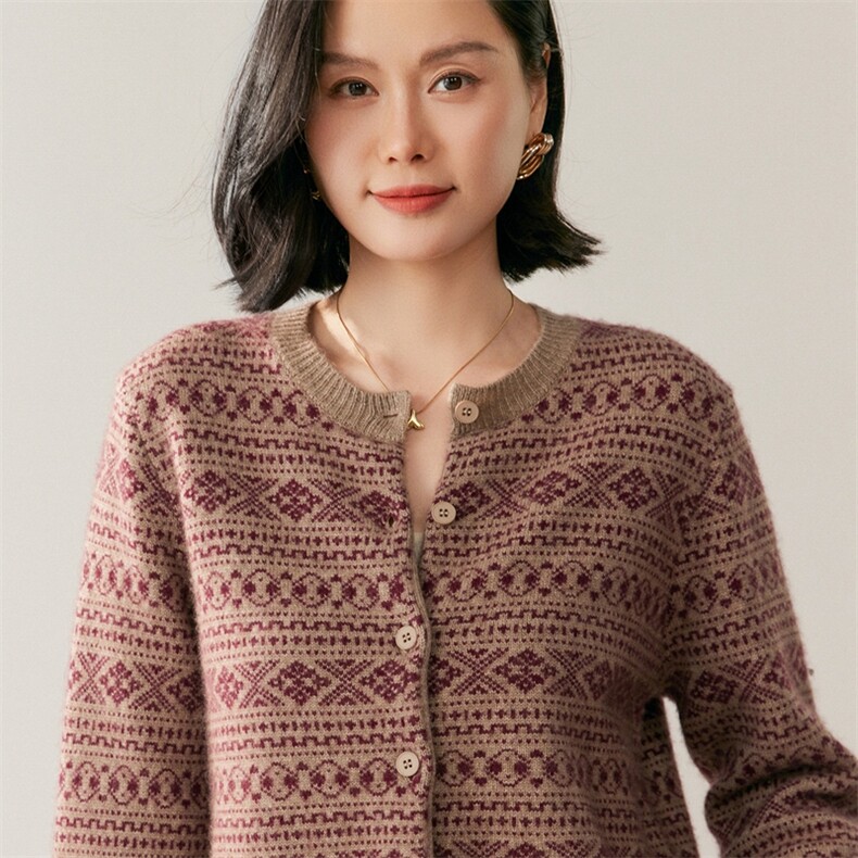 秋季新款提花开衫单排扣休闲百搭，女装针织衫/毛衣，鸥蕊娅羊绒