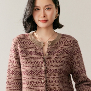 秋季新款提花开衫单排扣休闲百搭，女装针织衫/毛衣，鸥蕊娅羊绒