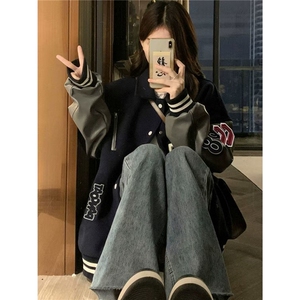 春款美式高街字母植绒棒球服外套男女嘻哈宽松情侣夹克HH336 P67图片