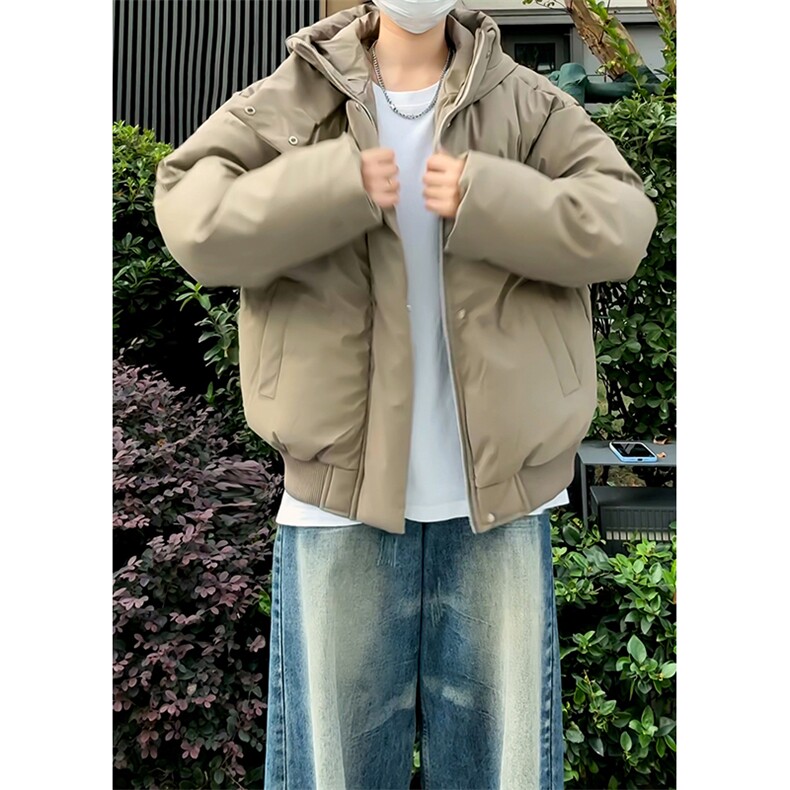 现货5W件冬季三防重磅boxy短款羽绒连帽PU皮棉衣外套防风加厚棉服，男装棉衣，电商A486