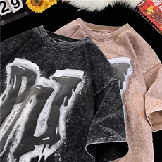 XZ213-T96-P45控58港风大码水洗做旧创意印花圆领短袖T恤五分袖，男装T恤，星座213