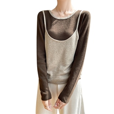 24秋冬新款圆领假两件打底T恤针织衫女韩系慵懒撞色气质长袖上衣，女装针织衫/毛衣，圣丽羊绒