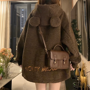 A207-P115 小熊耳朵连帽毛毛外套秋冬夹棉羊羔毛学院风拉链棉服图片