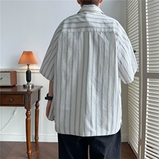 港风条纹衬衫男女短袖夏季薄款休闲日系复古衬衣服痞帅高级感设计，男装衬衫，星座601-2