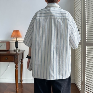 港风条纹衬衫男女短袖夏季薄款休闲日系复古衬衣服痞帅高级感设计图片