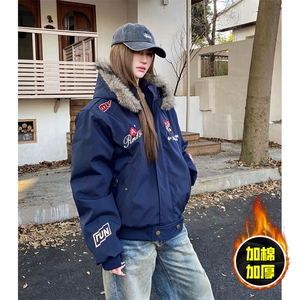 现货高品质美式高街重磅刺绣座山雕大毛毛领棉衣男女加厚棉服外套图片