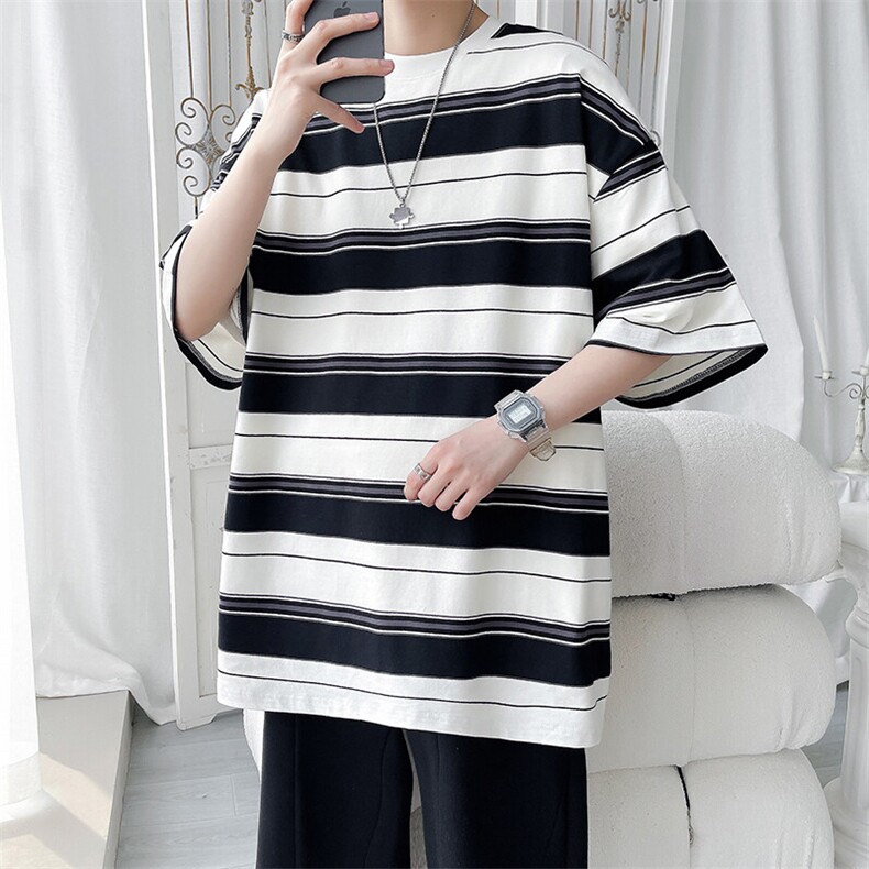 夏季潮流条纹宽松圆领短袖T恤男女百搭上衣T3602-P30【特价】,男装T恤,电商A007