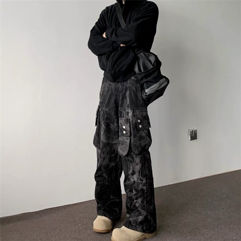 美式工装牛仔裤男秋季设计感口袋扎染渐变直筒裤cleanfit,男装牛仔裤,星座218-1（原230）