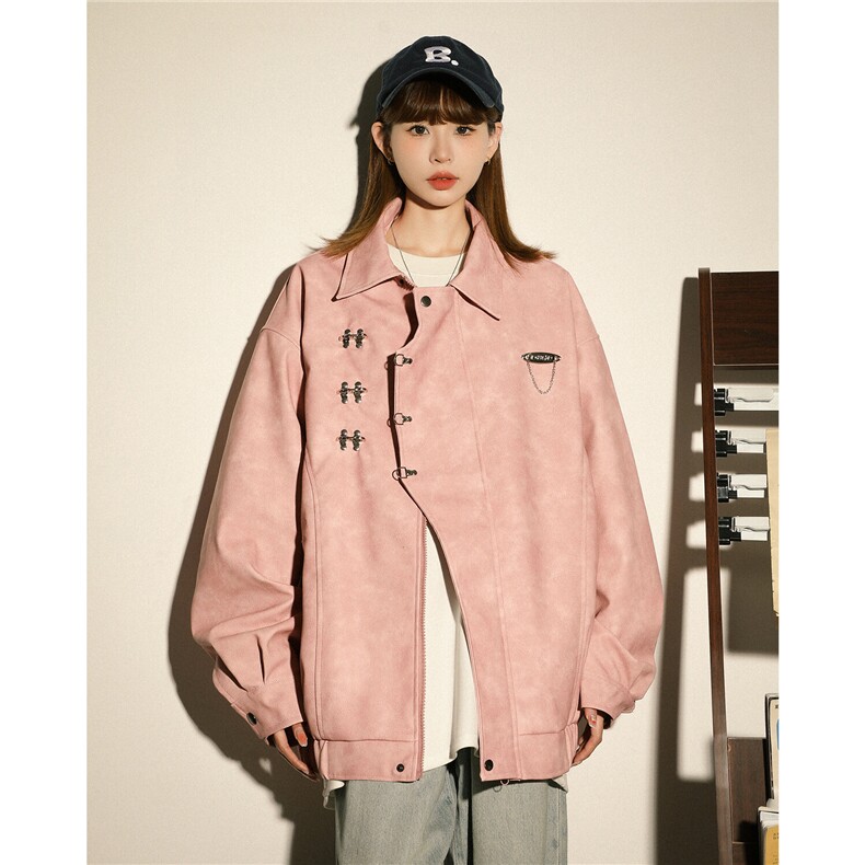 1抖音148大码M-5XL粉色皮衣宽松情侣女夹克男77083P105，女装皮衣，星座226-2