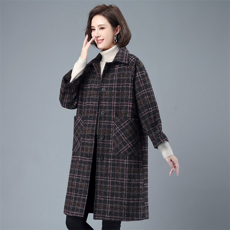 时尚翻领格纹毛呢外套显瘦百搭中长款大衣,女装毛呢外套,希欧阁