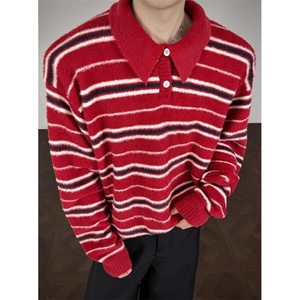 条纹针织衫男翻领冬季polo衫上衣男士长袖毛衣衣服M5156