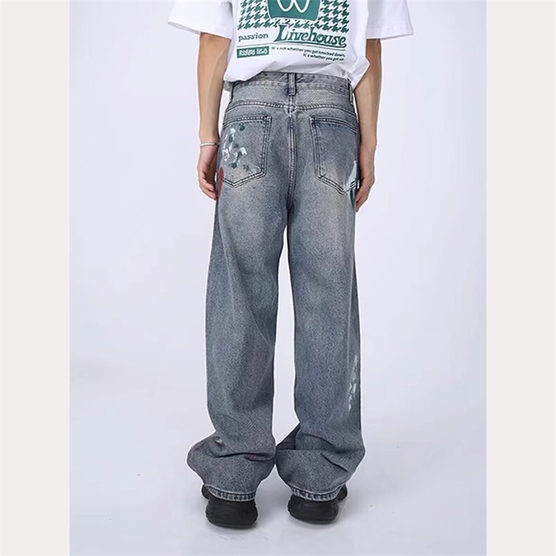 美式高街泼墨牛仔裤男春秋季新款破洞设计感宽松直筒A620-P65,男装牛仔裤,星座310A-4