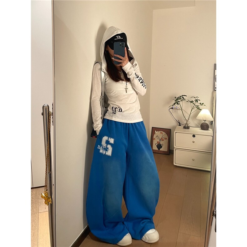 布零零美式复古水洗蓝色爵士舞裤子女阔腿宽松休闲运动裤加长卫裤,男装休闲裤,星座1210-1