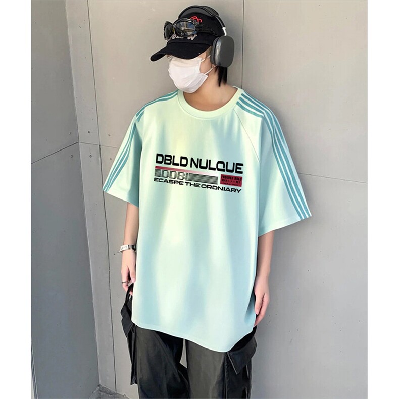 抖音得物品质二开240克宽松纯棉美式潮牌印花三条杠中性风短袖T恤,男装T恤,电商A486-1